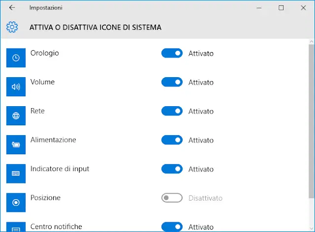 Windows 10 finestra Attiva o disattiva icone di sistema