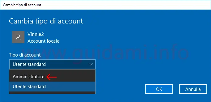 Windows 10 finestra Cambia tipo di account da utente Standard a Amministratore