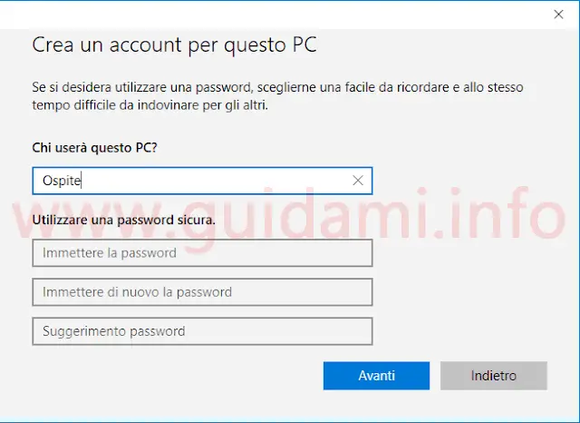 Windows 10 finestra Crea un account per questo PC