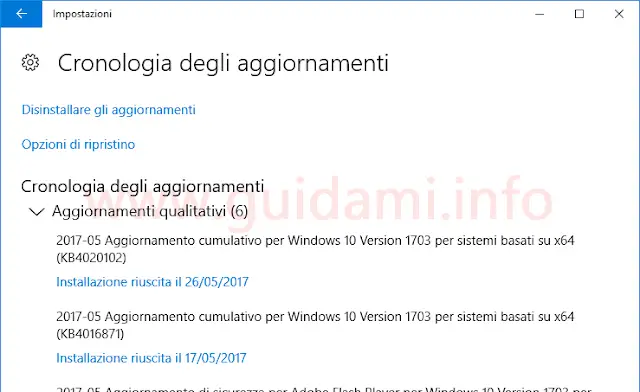 Windows 10 finestra Cronologia degli aggiornamenti installati