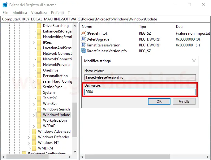 Windows 10 finestra Editor del Registro di sistema