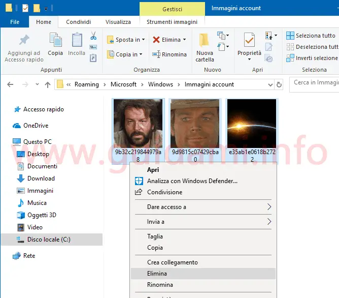 Windows 10 finestra Immagini account utente