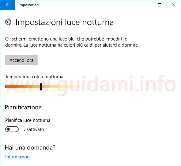 Windows 10 finestra Impostazioni Luce notturna