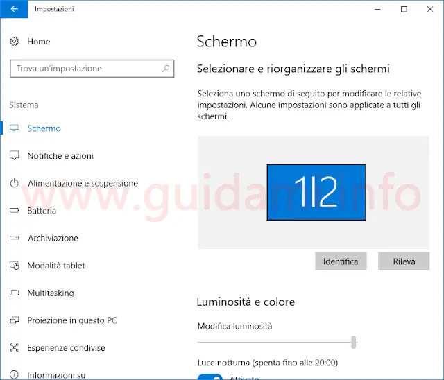 Windows 10 finestra Impostazioni Schermo