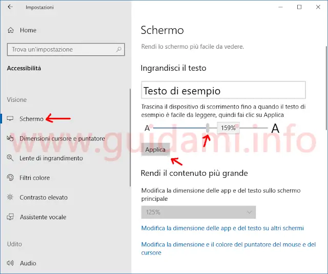 Windows 10 finestra Impostazioni Schermo opzione Ingrandisci il testo