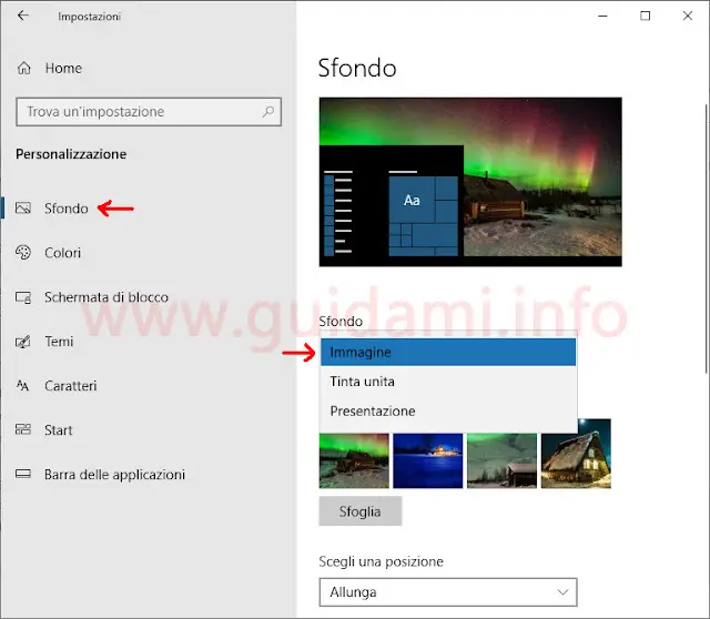 Windows 10 finestra Impostazioni Sfondo