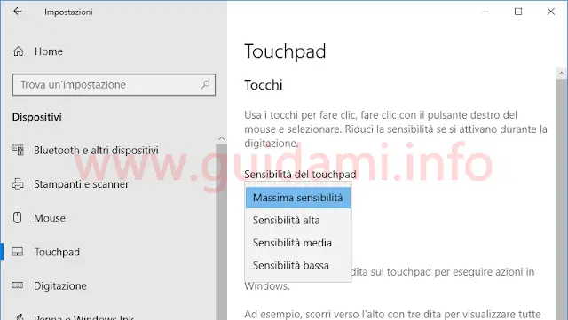 Windows 10 finestra Impostazioni Tocchi Sensibilità Touchpad