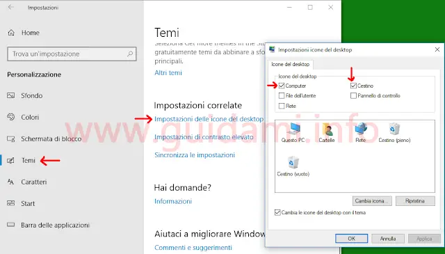 Windows 10 finestra Impostazioni icone del desktop