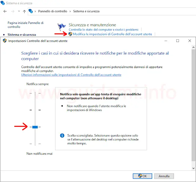 Windows 10 finestra Pannello di controllo Impostazioni Controllo dell'account utente