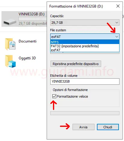 Windows 10 finestra di formattazione chiavetta USB