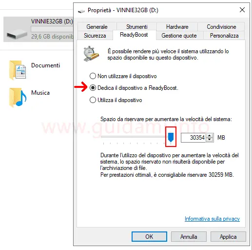 Windows 10 finestra opzioni ReadyBoost Dedica il dispositivo a ReadyBoost