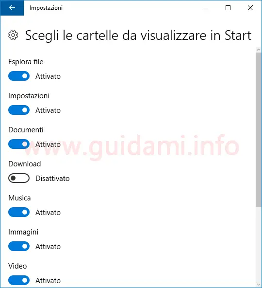 Windows 10 finestra per scegliere le cartelle da visualizzare in Start