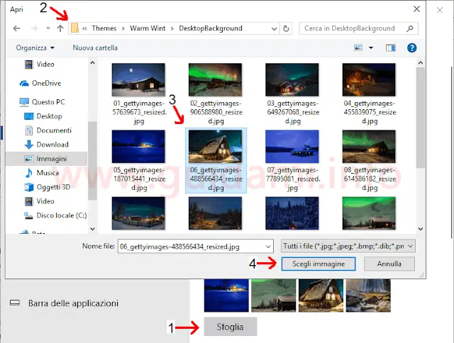 Windows 10 finestra per selezionare immagine sfondo tema