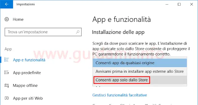 Windows 10 impostazione Consenti app solo dallo Store