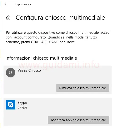 Windows 10 impostazione Informazioni chiosco multimediale