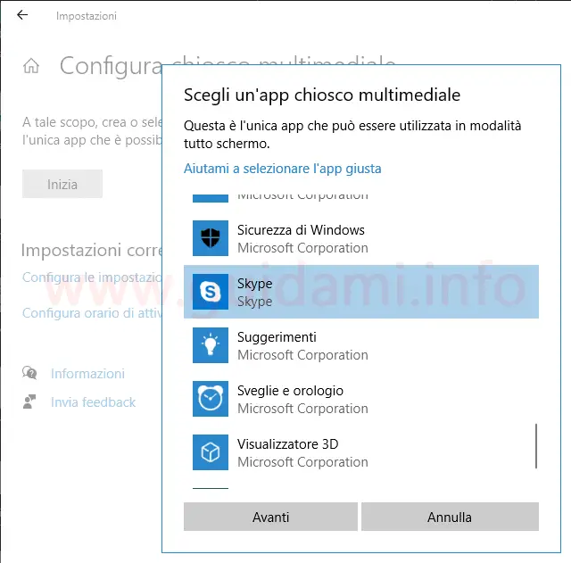 Windows 10 impostazione Scegli un'app chiosco multimediale