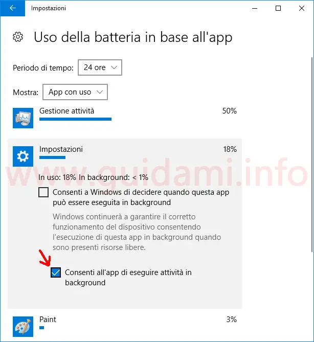 Windows 10 impostazione consenti app in background