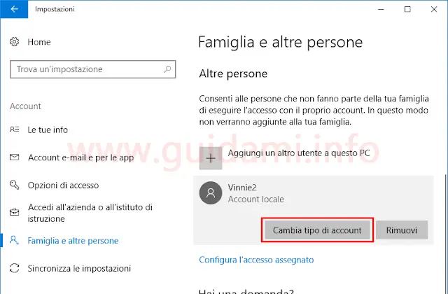 Windows 10 impostazioni Famiglia e altre persone pulsante Cambia tipo di account