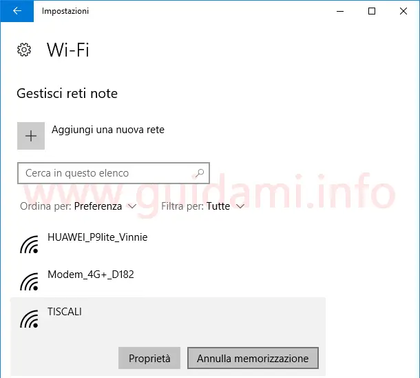 Windows 10 impostazioni WiFi reti salvate opzione Annulla memorizzazione