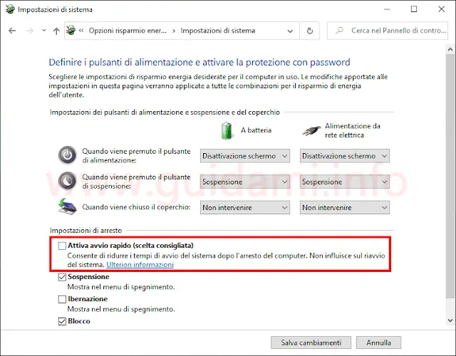 Windows 10 impostazioni di arresto disattivare avvio rapido