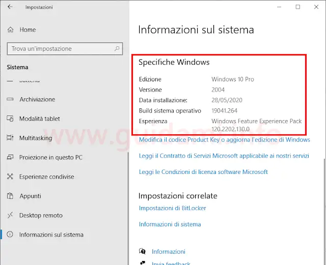Windows 10 impostazioni informazioni sul sistema