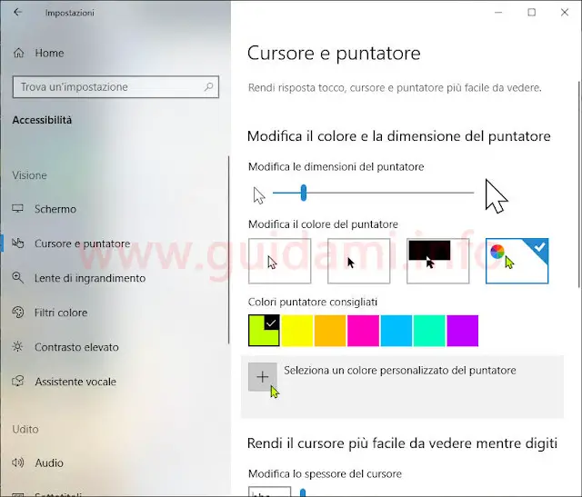 Windows 10 impostazioni per modificare dimensione e colore del puntatore mouse