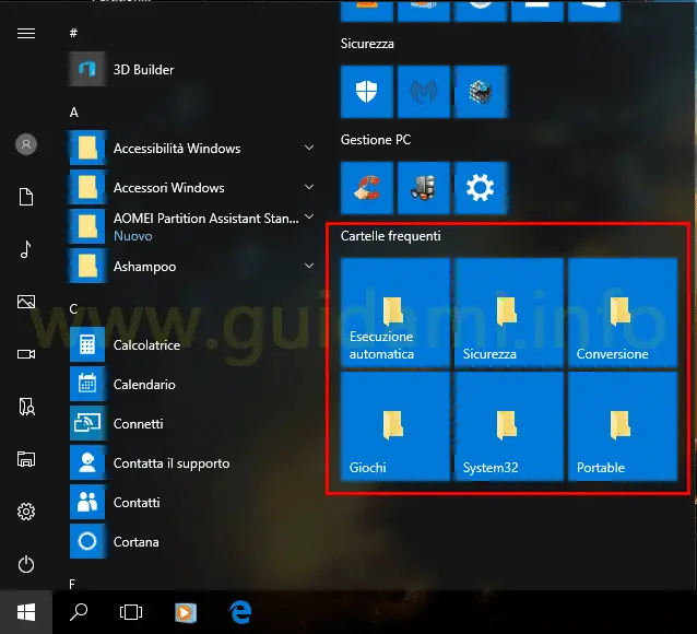 Windows 10 menu Start cartelle personali aggiunte al menu