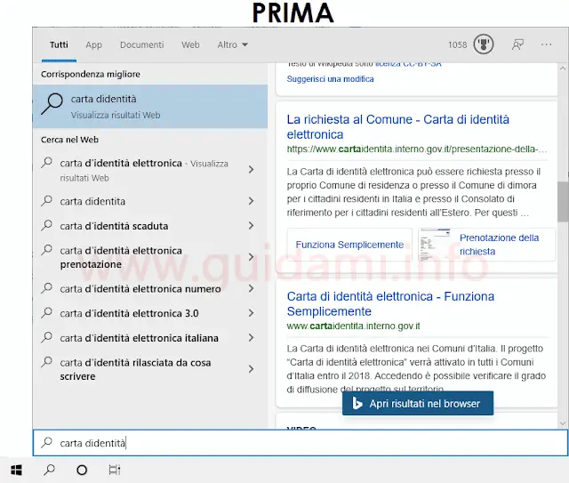 Windows 10 menu Start con attivata la ricerca Bing Search