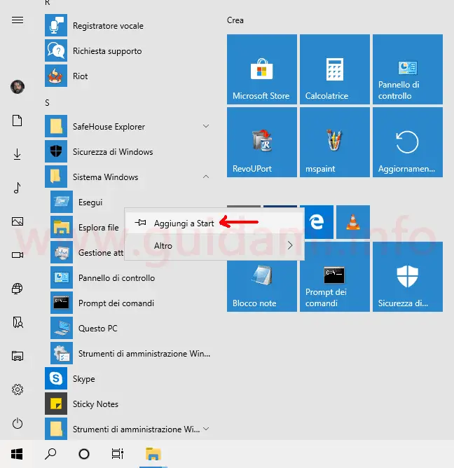 Windows 10 menu Start opzione Aggiungi a Start