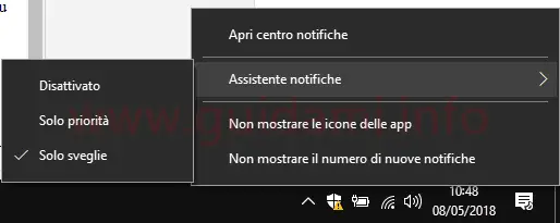 Windows 10 menu contestuale Centro notifiche gestione Assistente notifiche