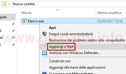 Windows 10 menu contestuale file opzione Aggiungi a Start