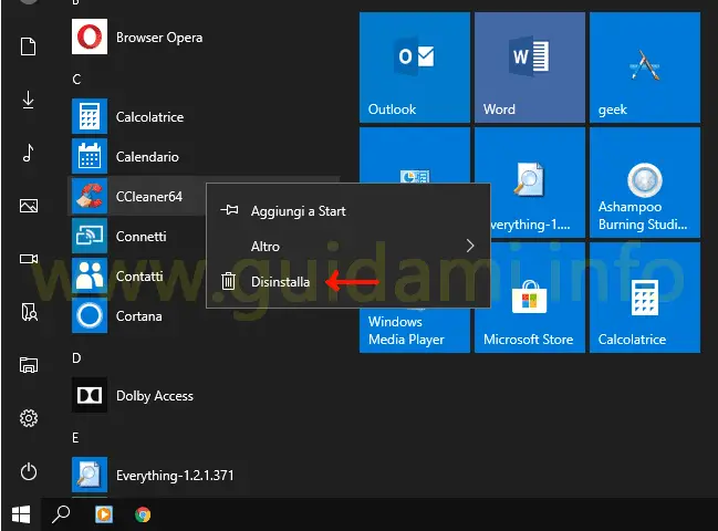 Windows 10 menu contestuale menu Start opzione Disinstalla