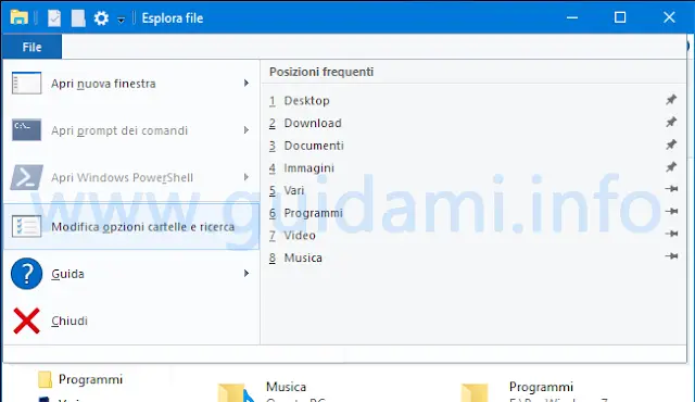 Windows 10 modifica opzioni cartelle e ricerca