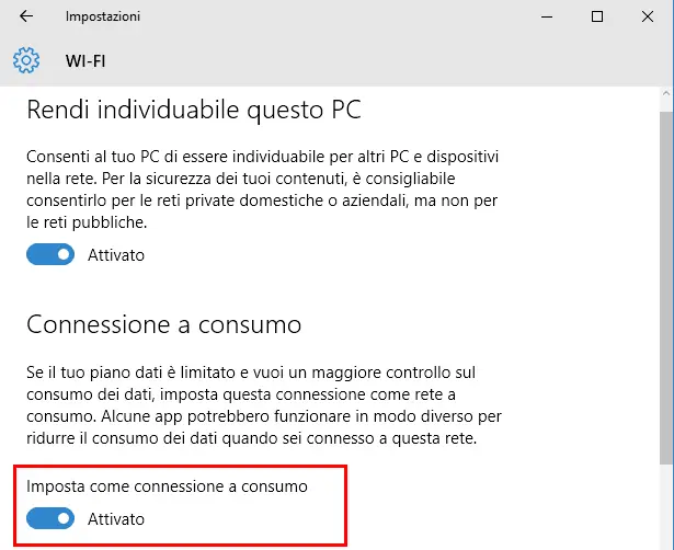 Windows 10 opzione imposta come connessione a consumo