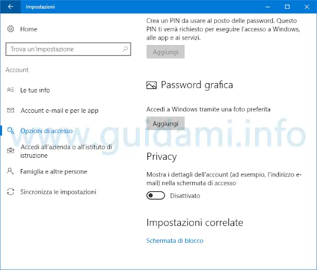 Windows 10 opzione per nascondere email utente nella schermata di accesso