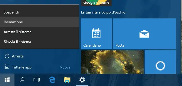 Windows 10 opzione spegnimento Ibernazione