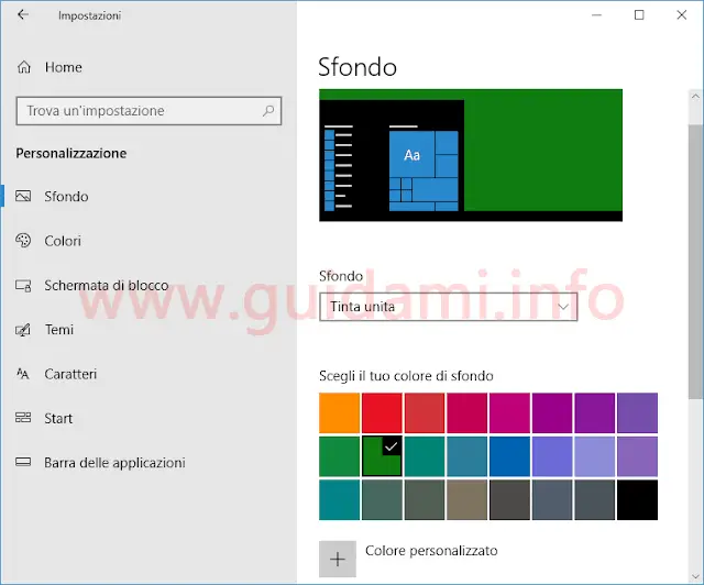 Windows 10 opzioni tinta unita sfondo del desktop
