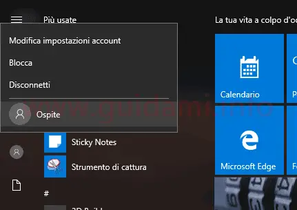 Windows 10 passare a account Ospite da menu Start