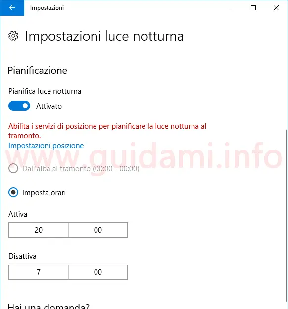 Windows 10 pianificazione modalità Luce notturna