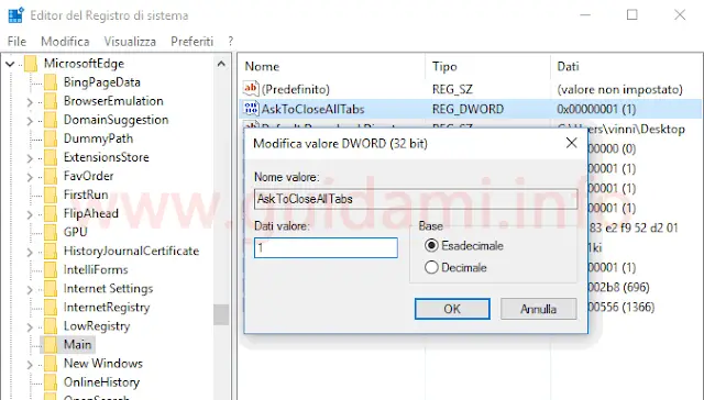 Windows 10 registro di sistema modifica dati valore