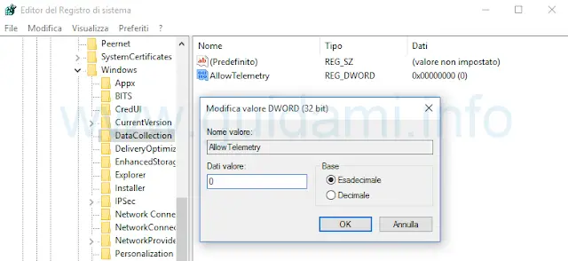 Windows 10 registro sistema creare valore AllowTelemetry