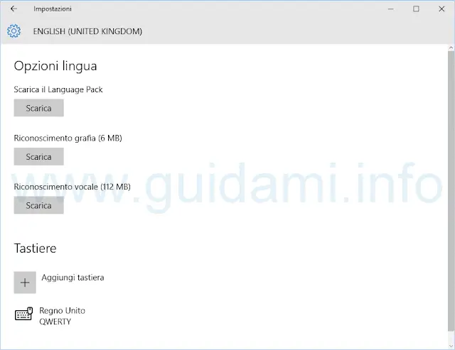 Windows 10 Opzioni language pack