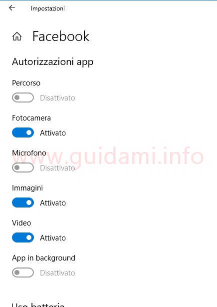Windows 10 schermata Autorizzazioni app in Impostazioni App e funzionalità