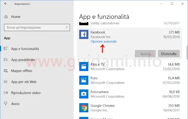 Windows 10 schermata Impostazioni App e funzionalità