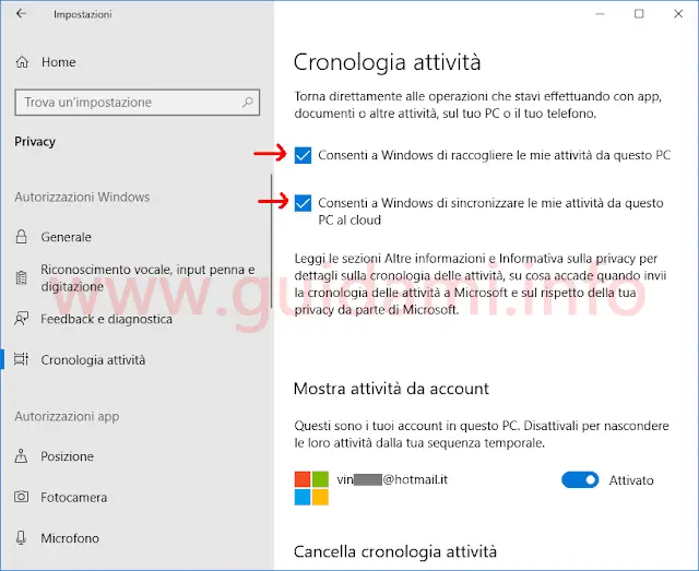 Windows 10 schermata Impostazioni Cronologia attività per attivare Timeline