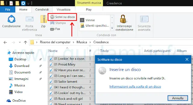 Windows 10 scrivi su disco file selezionati