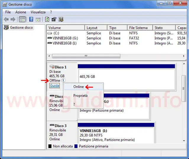 Windows 7 Gestione disco mettere Online una unità