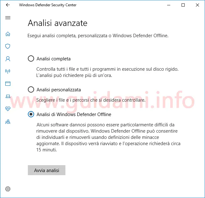 Windows Defender Security Center opzione Analsi di Windows Defender Offline