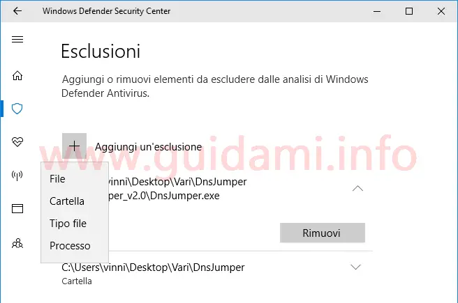 Windows Defender Security Center schermata Esclusioni