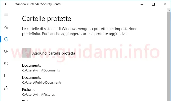 Windows Defender aggiungere cartella a Accesso alle cartelle controllato